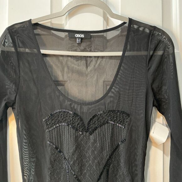 NEW ASOS Beaded Embellished Embroidered Sheer Long Sleeve Top Blouse Size 6 - Picture 2 of 5